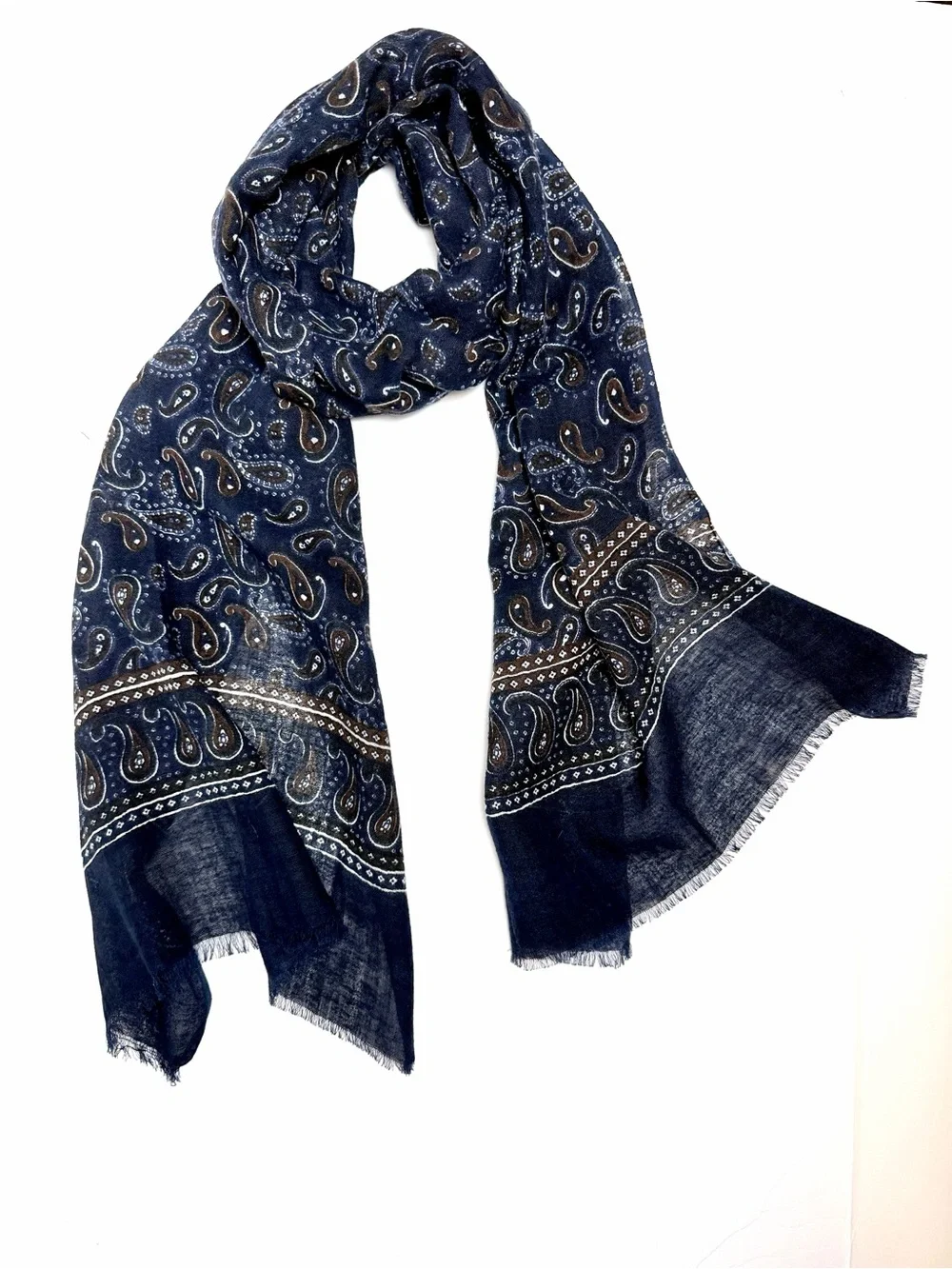 NWOT John Henric Linen Cotton Blend Large Scarf Lightweight Blue Paisley Sweden